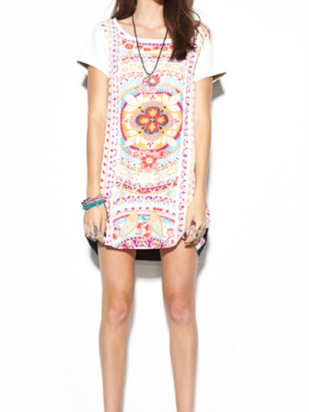MINKPINK White Tunic with Multicolor Boho Print